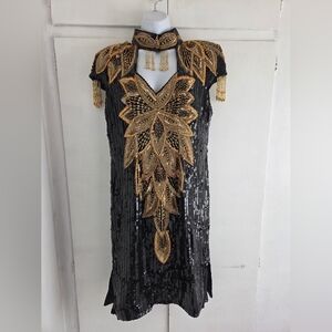 Glamorous Black and Gold Beaded Vanna White Dress